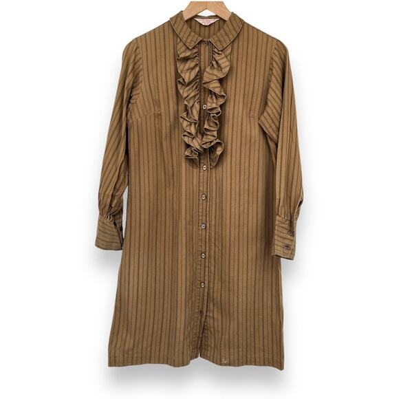 VTG Wash & Wear Brown Pinstriped Ruffled Collar Long Sleeve Dress Girls 11/12 L - Picture 1 of 5